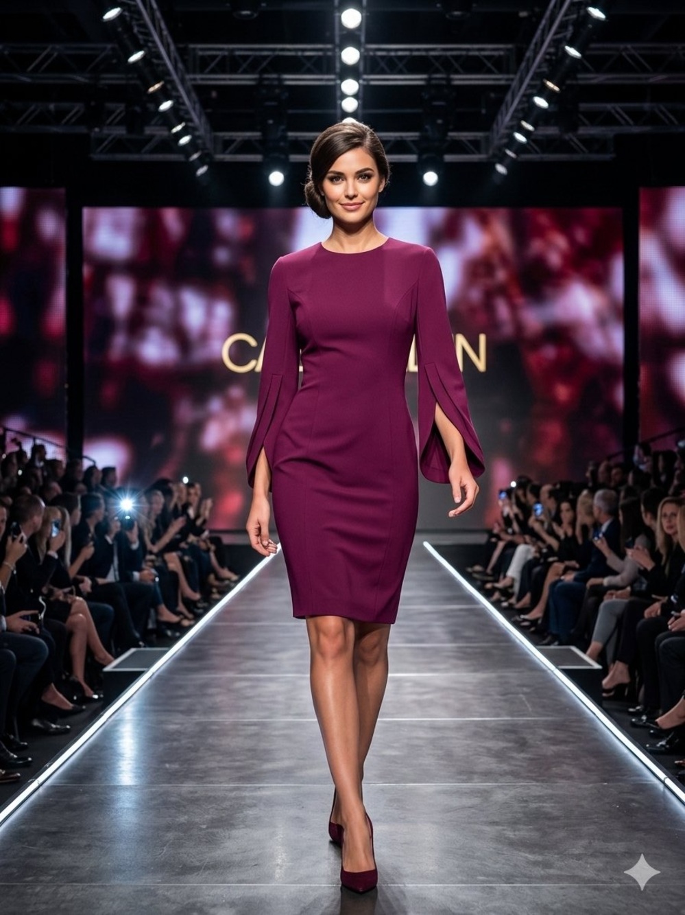 Calvin Klein Plum Midi Sheath Dress with Split Bell Sleeves Like New!